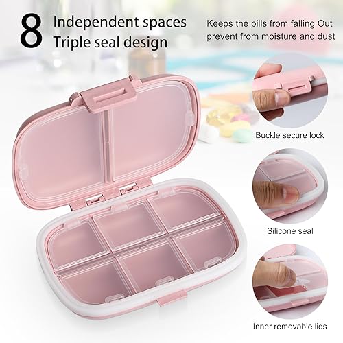Miniatura 3 de Ouzorp Paquete de 2 pastilleros de viaje de 8 compartimentos, pastillero portátil impermeable, estuche para medicamentos, pastillero pequeño para