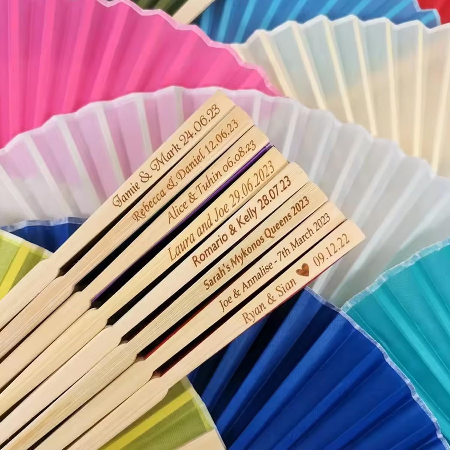 AMBMCCM Personalized Wedding Fan, Custom Engraved Silk Handheld Folding Fans, Come With Organza Bag, Bridal Shower, Baby Christening(Red)