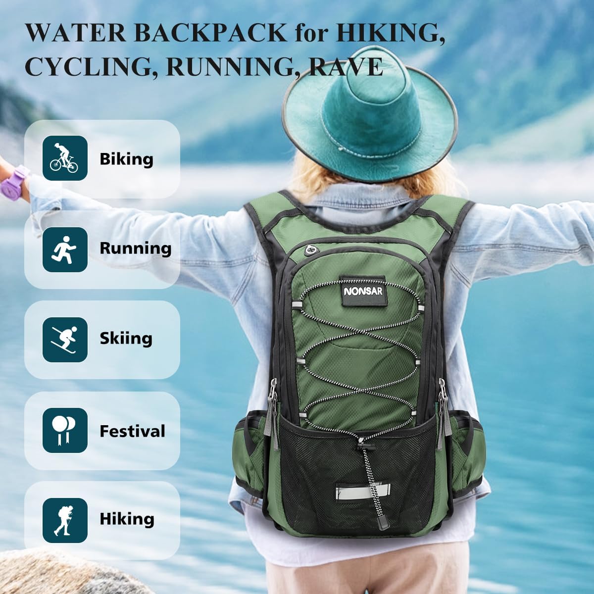NONSAR Hydration Backpack, Hiking Backpack with 3L Water Bladder, Lightweight Insulation Hydration Pack, Water Backpack for Hiking, Cycling, Running, Festival, Camping for Men Women - Image 6