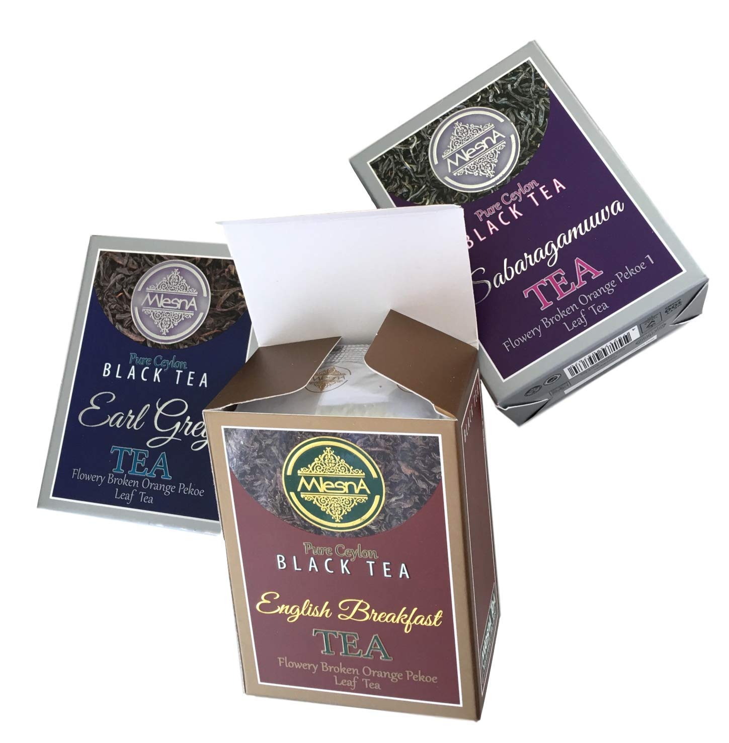 Mlesna Pure Ceylon Fine Black Loose Tea Royal Collection Luxury Gift Pack- 3 Assorted Tea English Breakfast, Ceylon Earl Gray and Sabaragamuwa Black Tea Orange Pekoe Gift Box