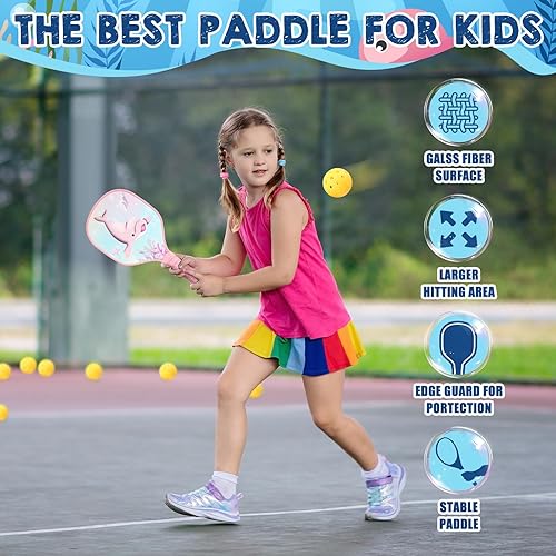 Miniatura 5 de Paquete de 2 palas para niños con 4 bonitas bolas de agarre pequeño, ligeras raquetas de fibra de vidrio para niños de 4 a 11 años