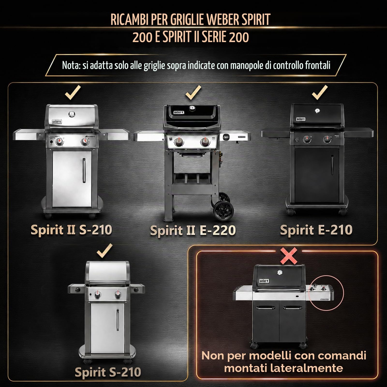 Weber - Bruciatore per Grill a Gas Spirit I, II e GS4, Spirit II Serie 200, E-210, E-220, S-210, S-220, con Controllo Frontale, in Acciaio Inox 304