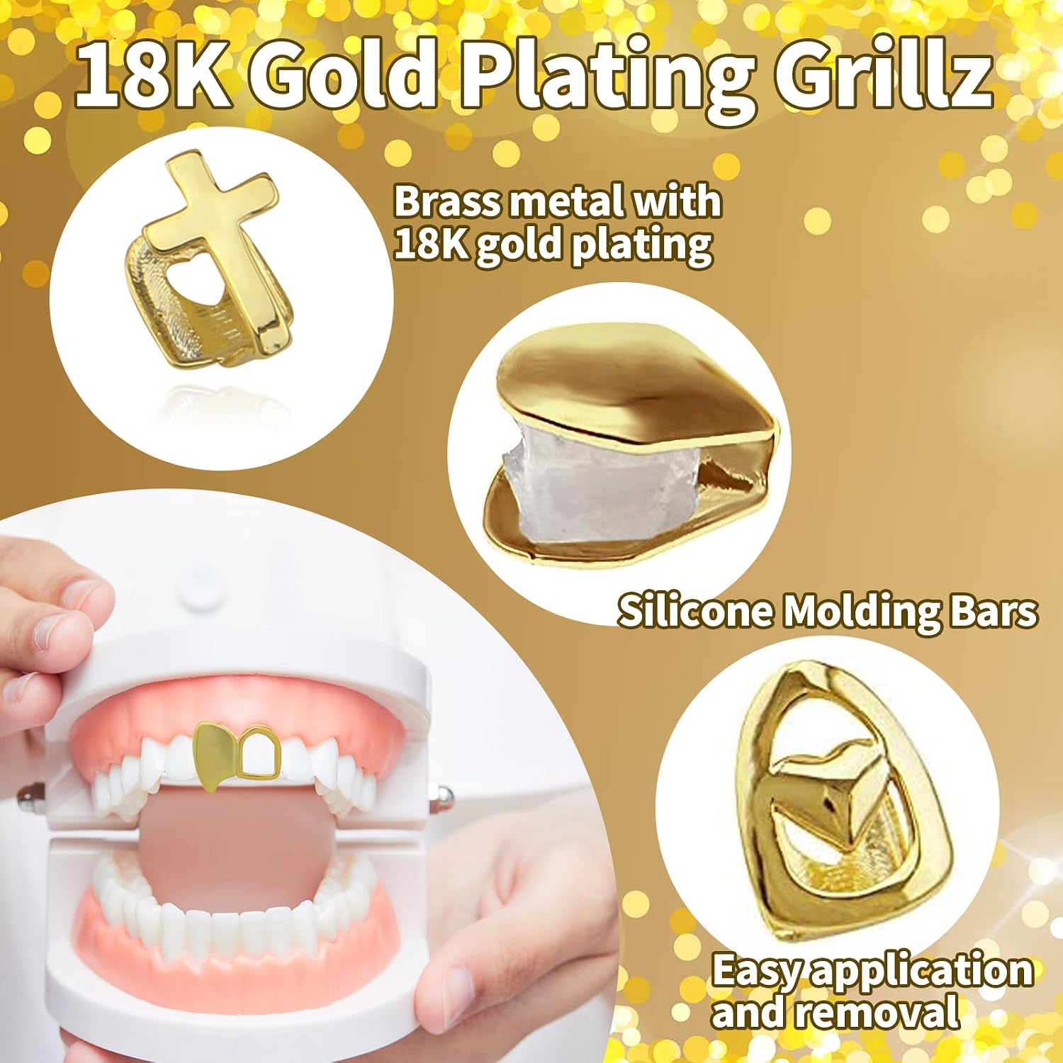 3 Pieces 18K Gold Plated Gold Finish Gold Teeth Grillz Single Teeth Cap Crown, Hip Hop Mouth Grills Fang with Adhesive Beads Party Accessories for Men Women