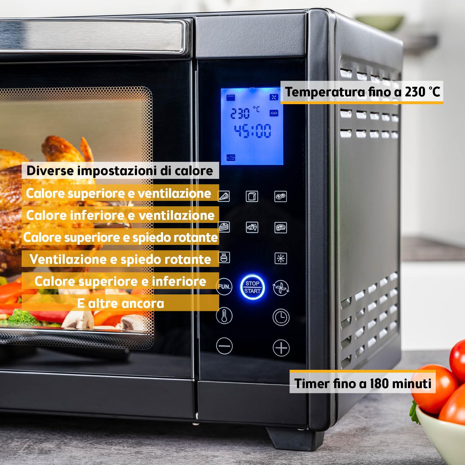 TZS First Austria Mini Forno digitale 30L 1600W Fornetto con regolazione della temperatura fino a 230°C - Con timer di 60 min, 3 altezze di inserimento, teglia e griglia Per cucine piccole e campeggio