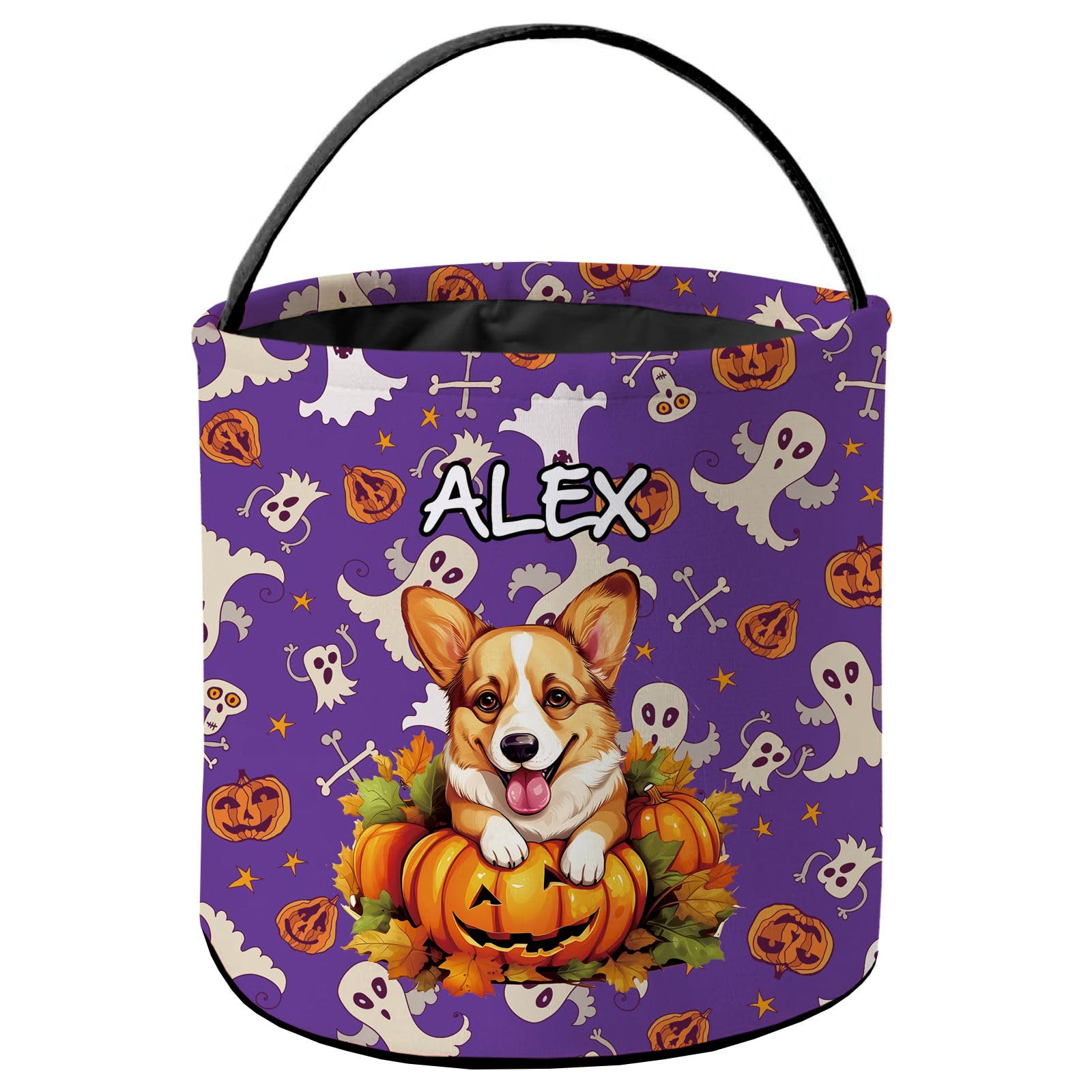 KafePross Personalized Halloween Trick or Treat Bag Pembroke Welsh Corgi Dog Smiling Puppy Pumkin Ghost Decor Basket Candy Gifts Bucket for Kids 9 x 9.8 Inch Purple