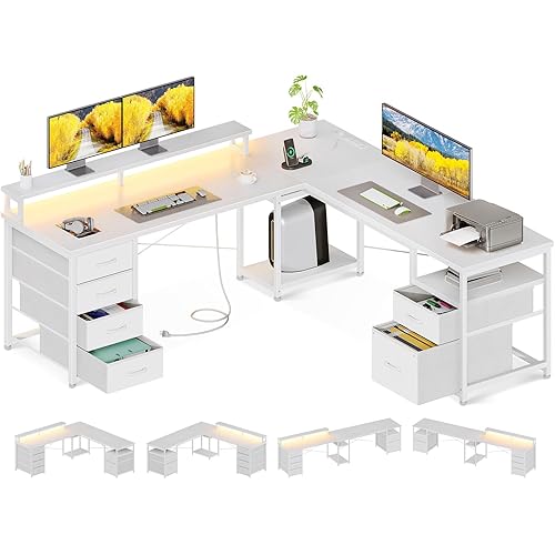 AODK 59" L Shaped Computer Desk, 105" Reversible Home Office Desk with File Cabinet & 4 Fabric Drawers, Two Person Desk with LED Lights & Power Outlet, Corner Gaming Table, White