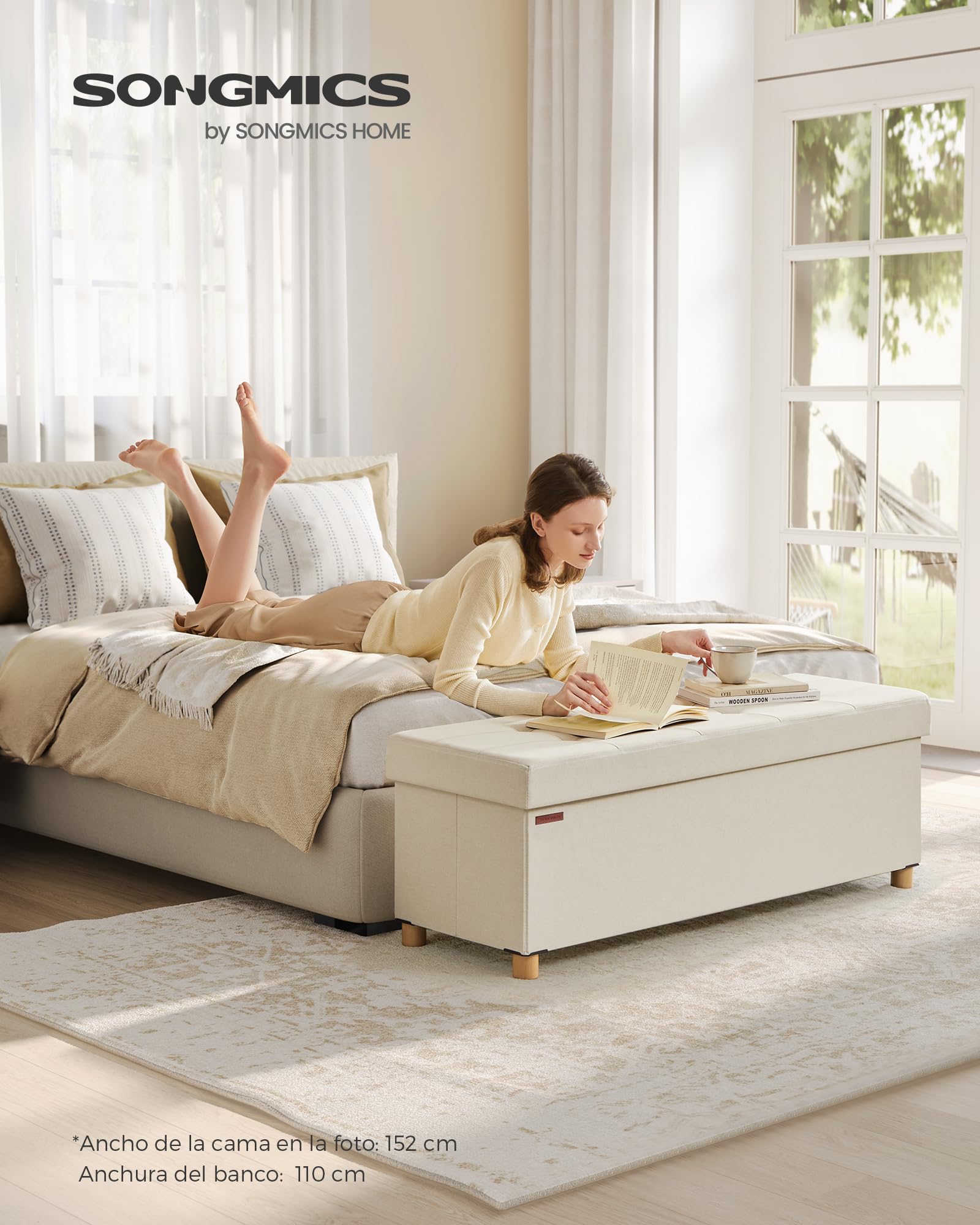 SONGMICS Puff Almacenaje, Baúl Plegable con Patas, 38 x 110 x 40 cm, Banco de Pie de Cama, Banco Almacenaje, Soporta hasta 300 kg, para Sala de Estar, Dormitorio, Entrada, Blanco Crema LSF018W11