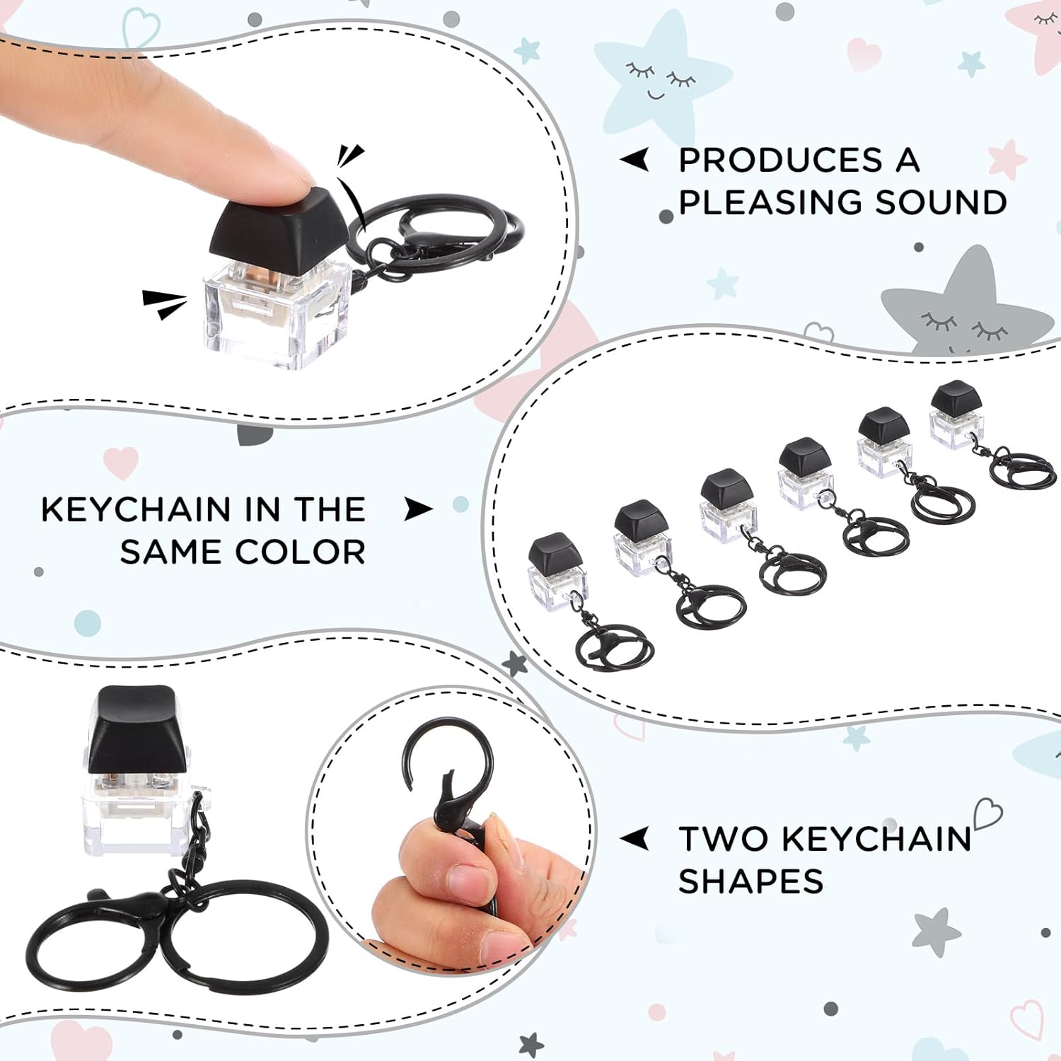 Shappy 6 Pcs Keyboard Fidget, Fidget Keyboard Clicker Keychain Gift, Keychain Button Stress Relief Gifts for Adult Office Home, Cool Fidgets(Black)