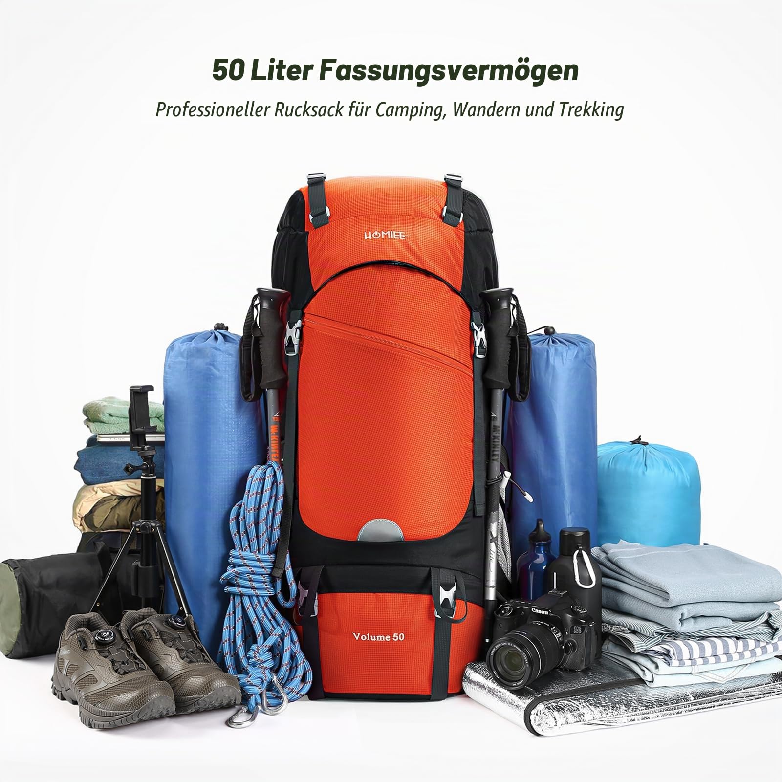 HOMIEE Wanderrucksack Herren Damen 45L Wasserdichter Rucksack Leichter Trekkingrucksack Groß Reiserucksack Sportrucksack mit Reflexstreifen für Campingplätze Radfahren Bergsteigen Reisen