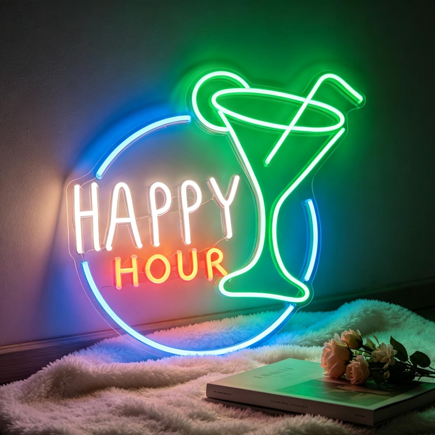 Happy Hour Neon Sign LED Cocktail Bar Neon Light Up Sign for Wall Decor, Dimmable USB Powered Neon Light for Beer Bar Club Pub Home Man Cave Restaurant Shop Decor Wedding Birthday Party Gift 14”x15”