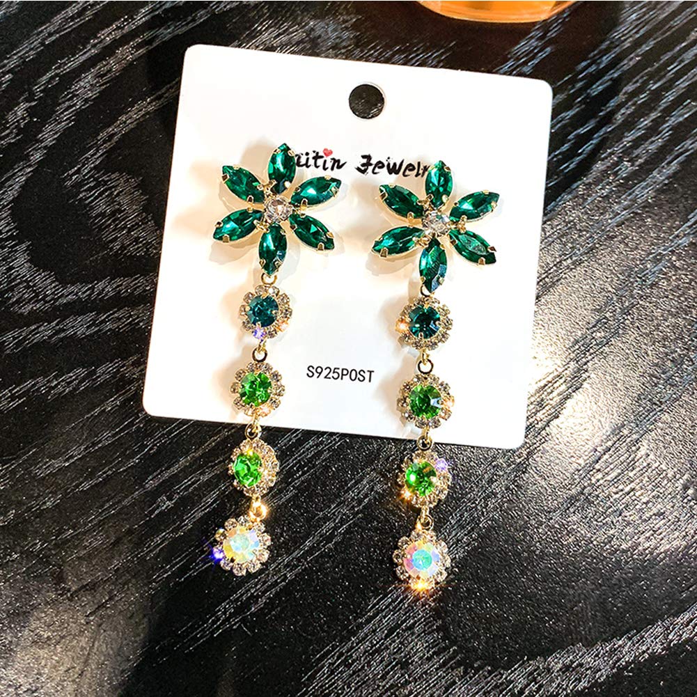 CMBSSTFC Orecchino ad ago in Argento Sterling S925 Petalo con Strass Lucidi orecchino a Bottone Lungo con Nappa da Donna Gioielli ipoallergenici