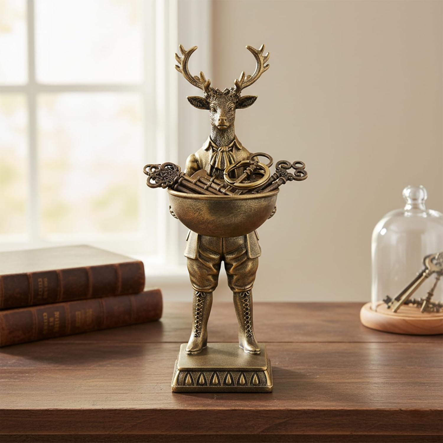 12.6 Inch Vintage Golden Deer Statue with Bowl,Deer Figurine Resin Tray Serving Easter Decorations, Home Arts Desktop Accessories Table Decor,Candy Key Purse Bowl (Brass Color)