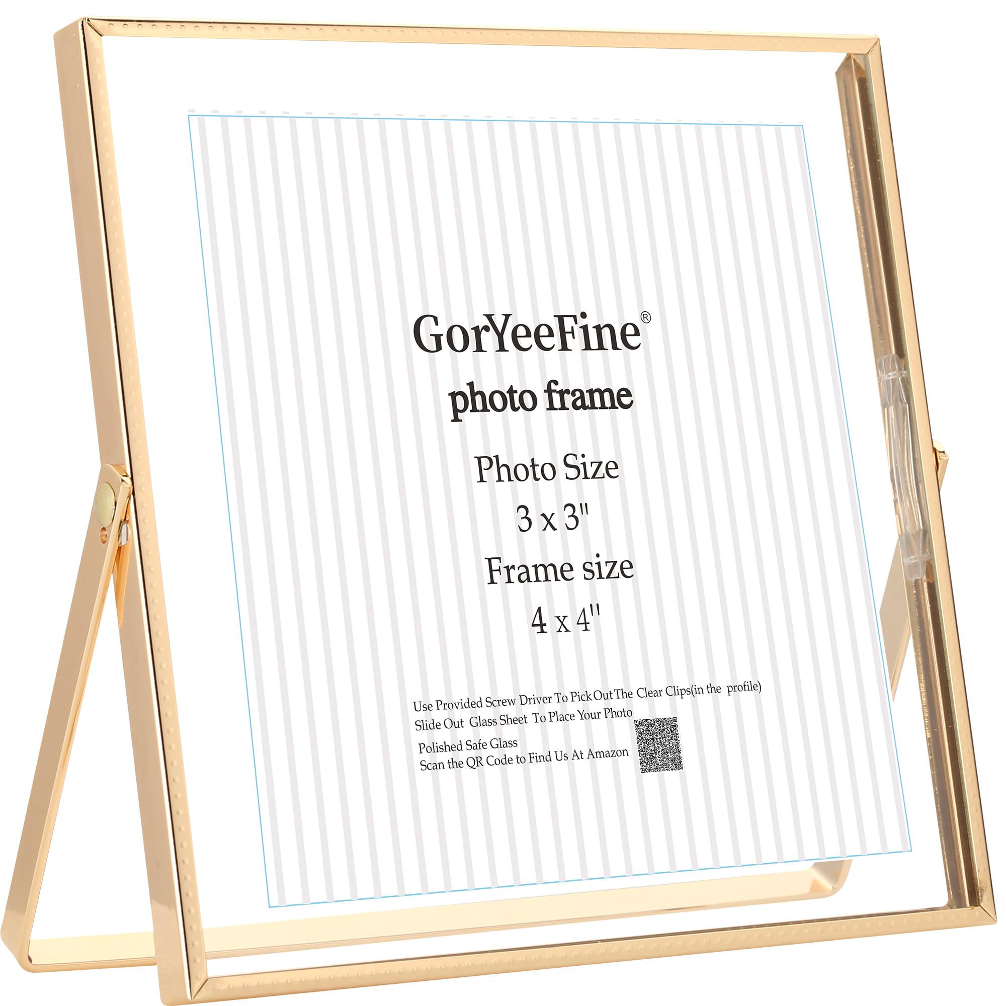 Gold 4x4'' Floating Picture Frame,for Photo Sizes(3x3'' or 4x4''),Beautiful Metal Beaded Edge Frames Adjustable Tabletop/Shelf Photo Frame,Classy Gift Choice for Wedding,Birthday or Christmas Gift — image 1