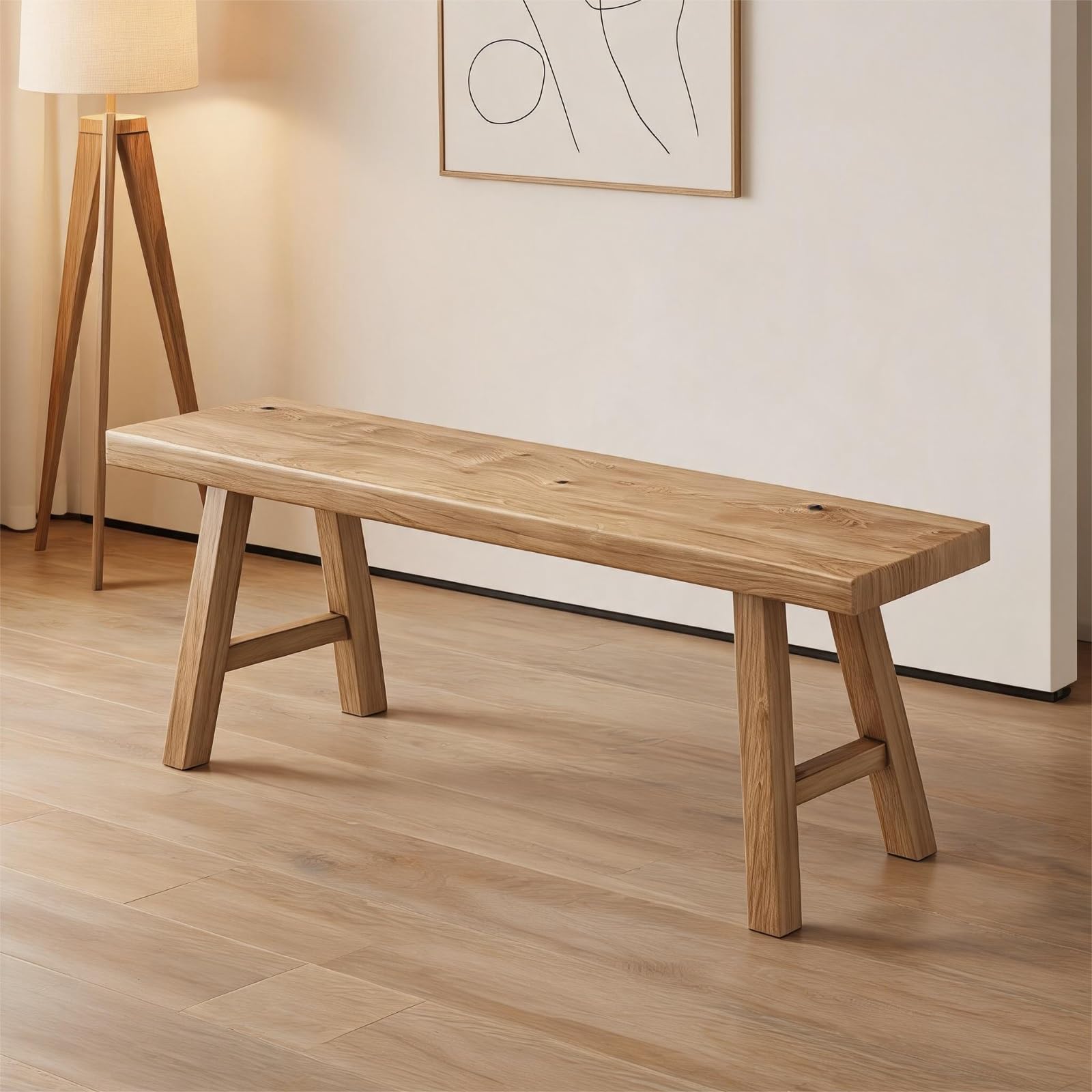 Banco de madera rústica para interiores que soluciona la falta de espacio en la entrada