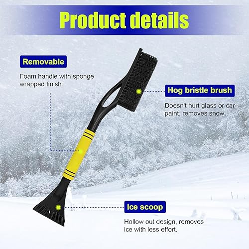 Miniatura 9 de Dickno Rascador y cepillo de nieve para automóvil de 24 pulgadas, rascador de hielo desmontable sin arañazos con agarre ergonómico de espuma,