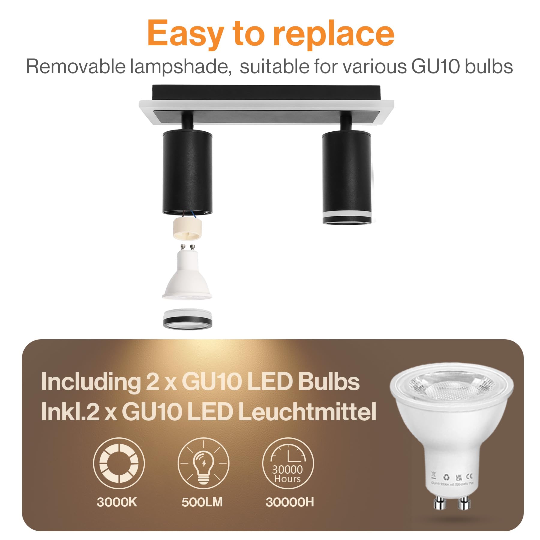 Lámpara de Techo 2 Focos Orientable Negro, Moderno Plafones de Techo con Luz Inferior 8W+ 2x5W GU10, Blanco Cálido 3000K, Foco de techo LED Para Cocina, Sala de estar, Dormitorio