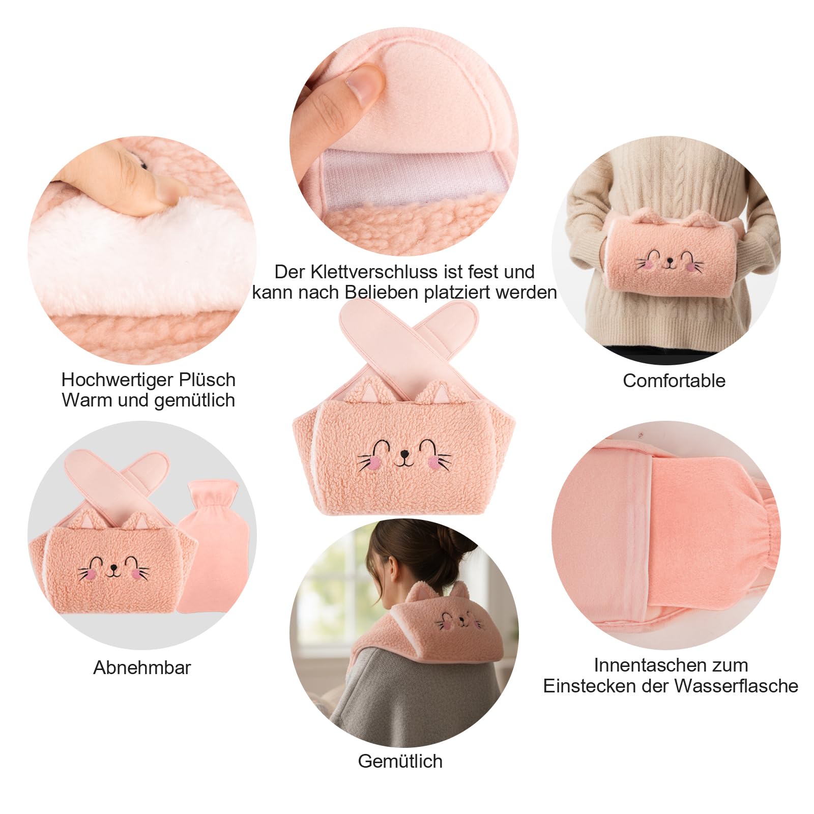 Cinturón para botella de agua caliente, 1 L, caucho natural, 3 en 1, cinturón para bolsa de agua caliente con felpa suave, funda para cinturón (gato rosa)