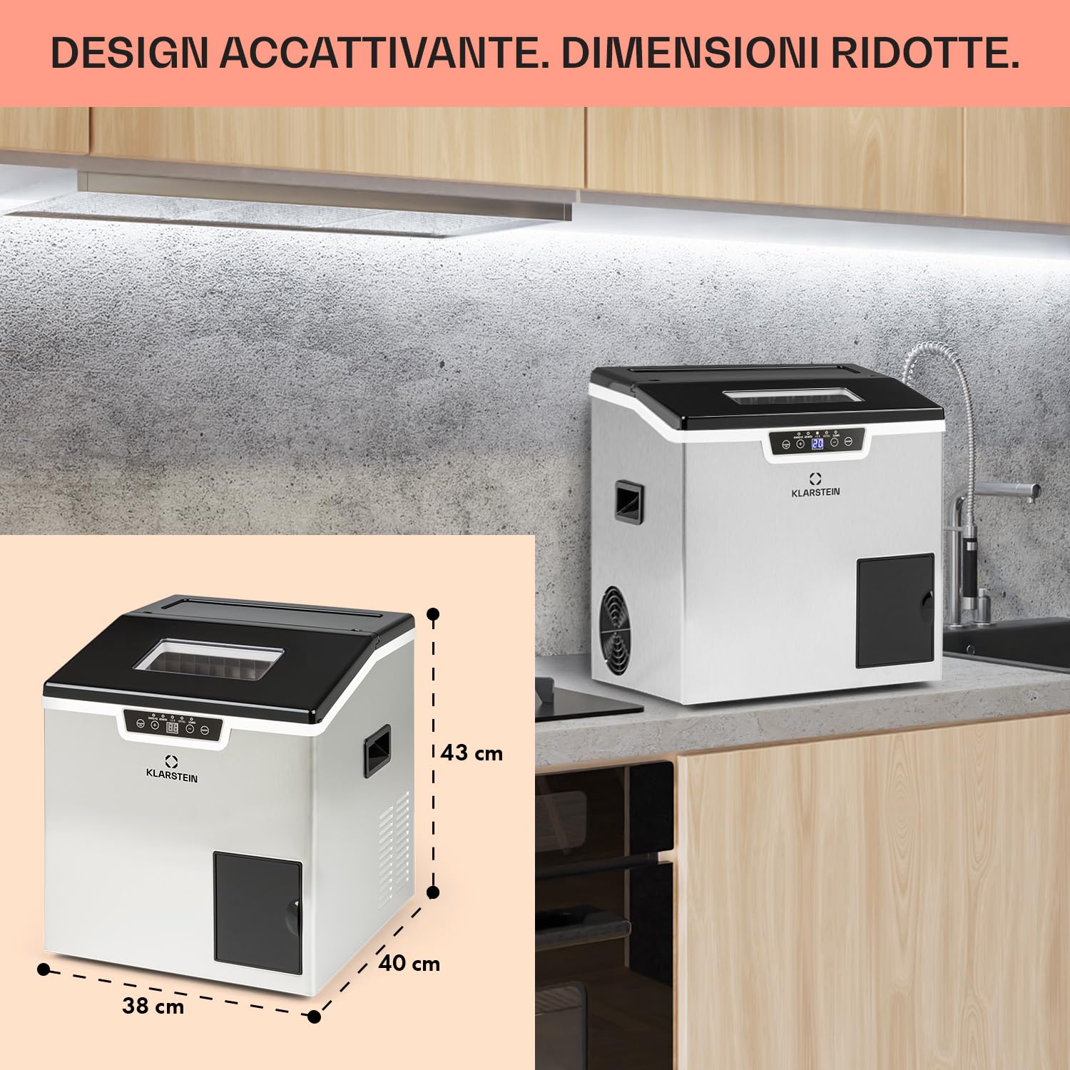 Klarstein Macchina Ghiaccio 3L, Macchina del Ghiaccio Professionale, Fabbricatore Secco Alimentare fino a 20kg, a Cubetti e Tritato, Casa per Cocktail Autopulente