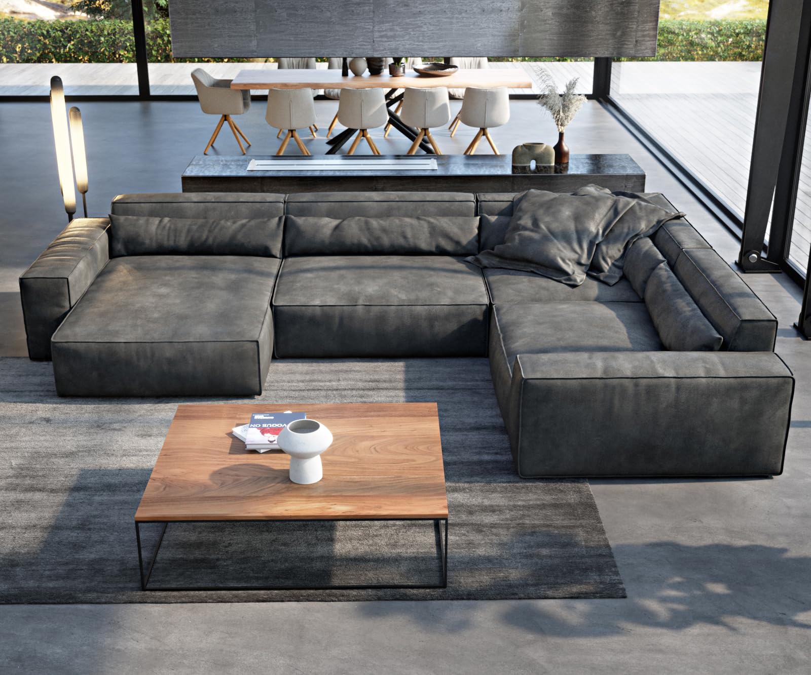 DELIFE Wohnlandschaft Sirpio XL Lederimitat Vintage Anthrazit 360x260 cm Recamiere variabel
