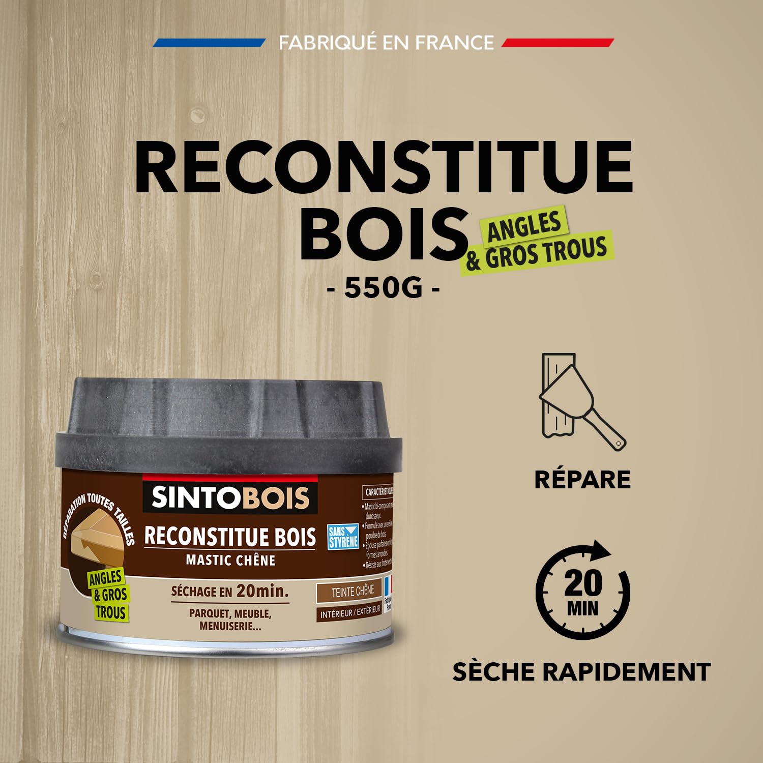 SINTO Mastic reconstitue angles et gros trous chêne 500ml, mastic bi-composant séchage en 20 min, parquets meubles menuiseries, bonne adhérence et résistance sur bois, intérieur et extérieur