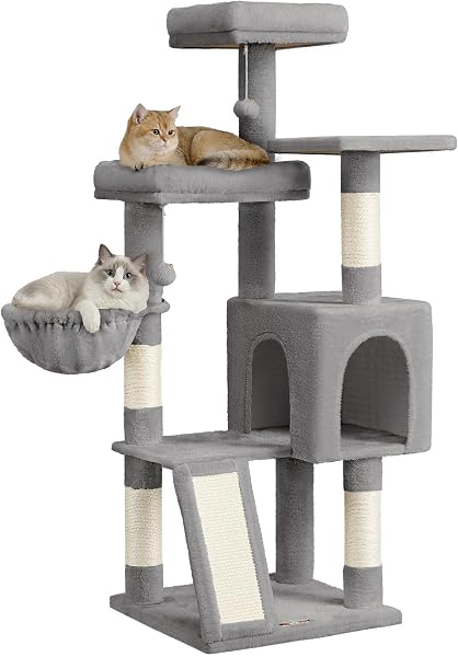 Feandrea PCT012GD01 Cat Tree with Scratching Poles and Ramp, 3 Large Platforms, 1 Kennel, 1 Basket, 2 Pompoms, 136 cm High, Dove Grey - 1