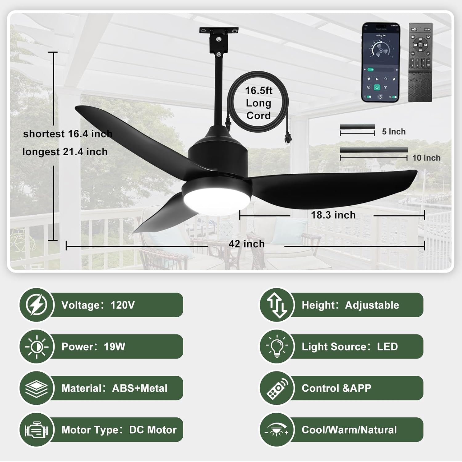 Outdoor Ceiling Fan with Light: 42" Black Hanging Fan for Gazebo Waterproof - Plug In Outdoor Fans for Patio Porch Pergola with APP Remote Control Reversible DC Motor