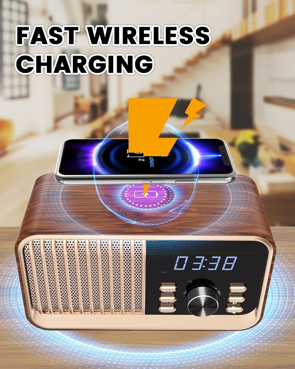 MONODEAL Radio despertador con función de carga, radio FM con altavoz Bluetooth (8 W), función de repetición, puerto USB, ranura para tarjeta TF, función de atenuación para el dormitorio