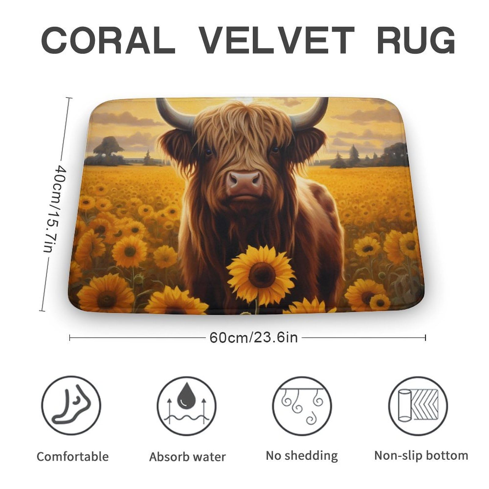 Sunflower Highland Cow Coral Velvet Rugs Non-Slip Bathroom Rugs Soft Kitchen Rug Floor Carpet for Home Decor 15.7