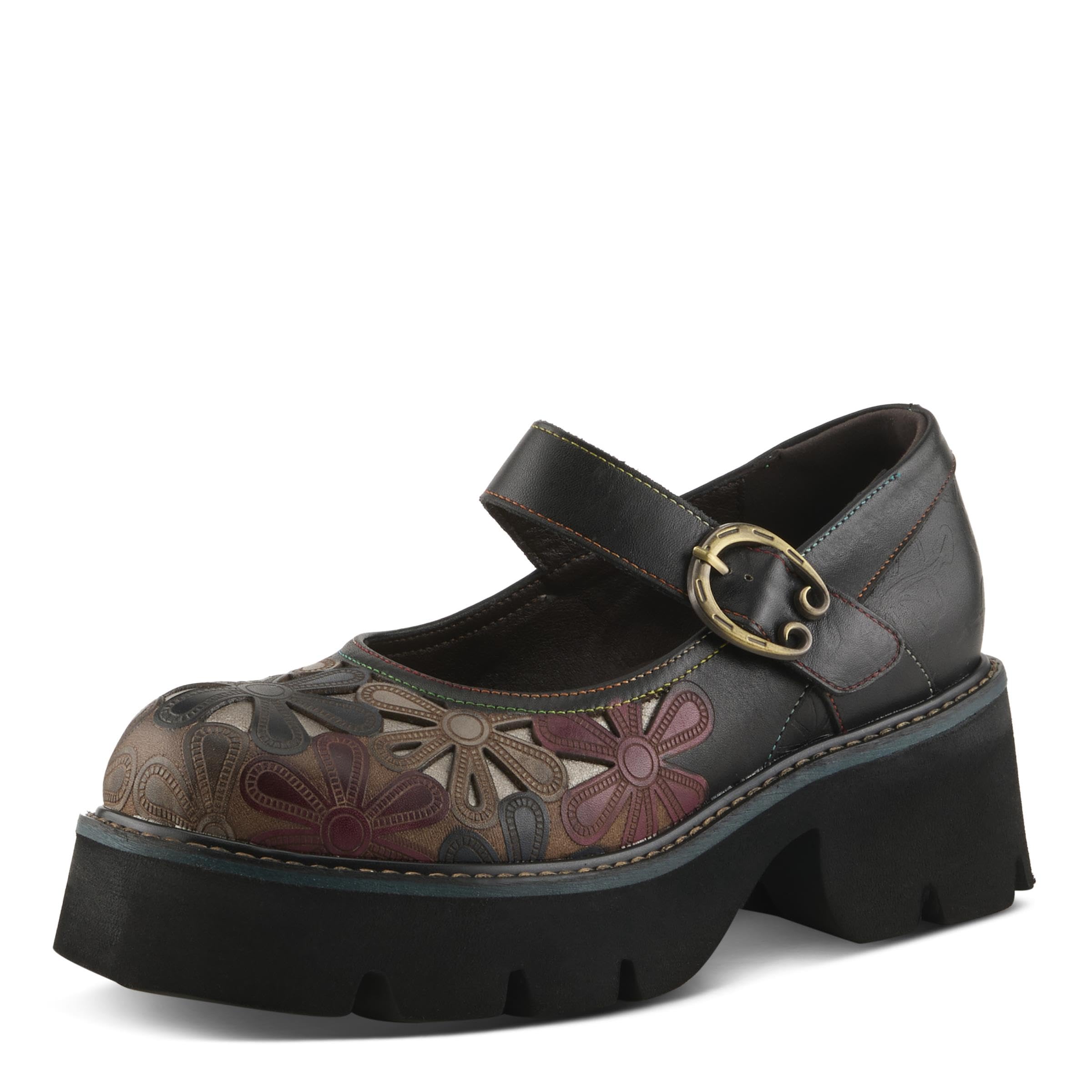 L'Artiste BUSYBEE Hand-Painted Mary Jane – Floral Leather Platform with Chunky Lug Sole