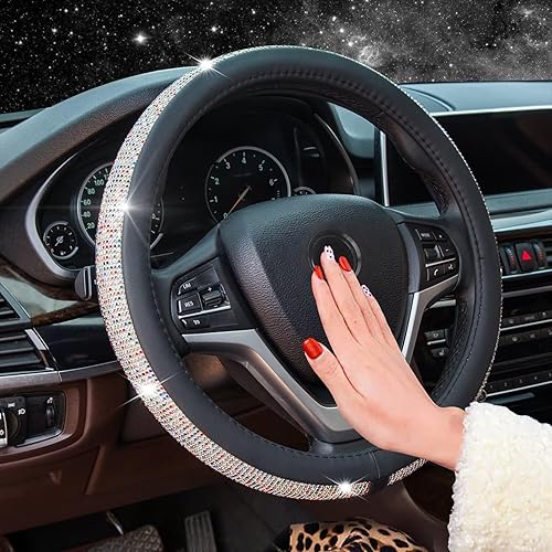 Miniatura 61 de Funda para volante de piel con diamantes de imitación brillantes, ajuste universal de 15 pulgadas, protector de volante de automóvil para mujeres