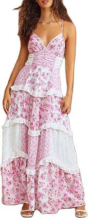 Patchwork Dress Women Lace Flowy Y2k Floral Dress Boho Maxi Sexy Backless Ruffle Tiered Summer Beach Sundresses