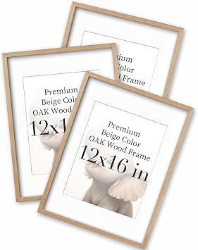 UPWOIGH Beige Solid Oak Wood Picture Frame, 12 x 16 Inch, Set of 3