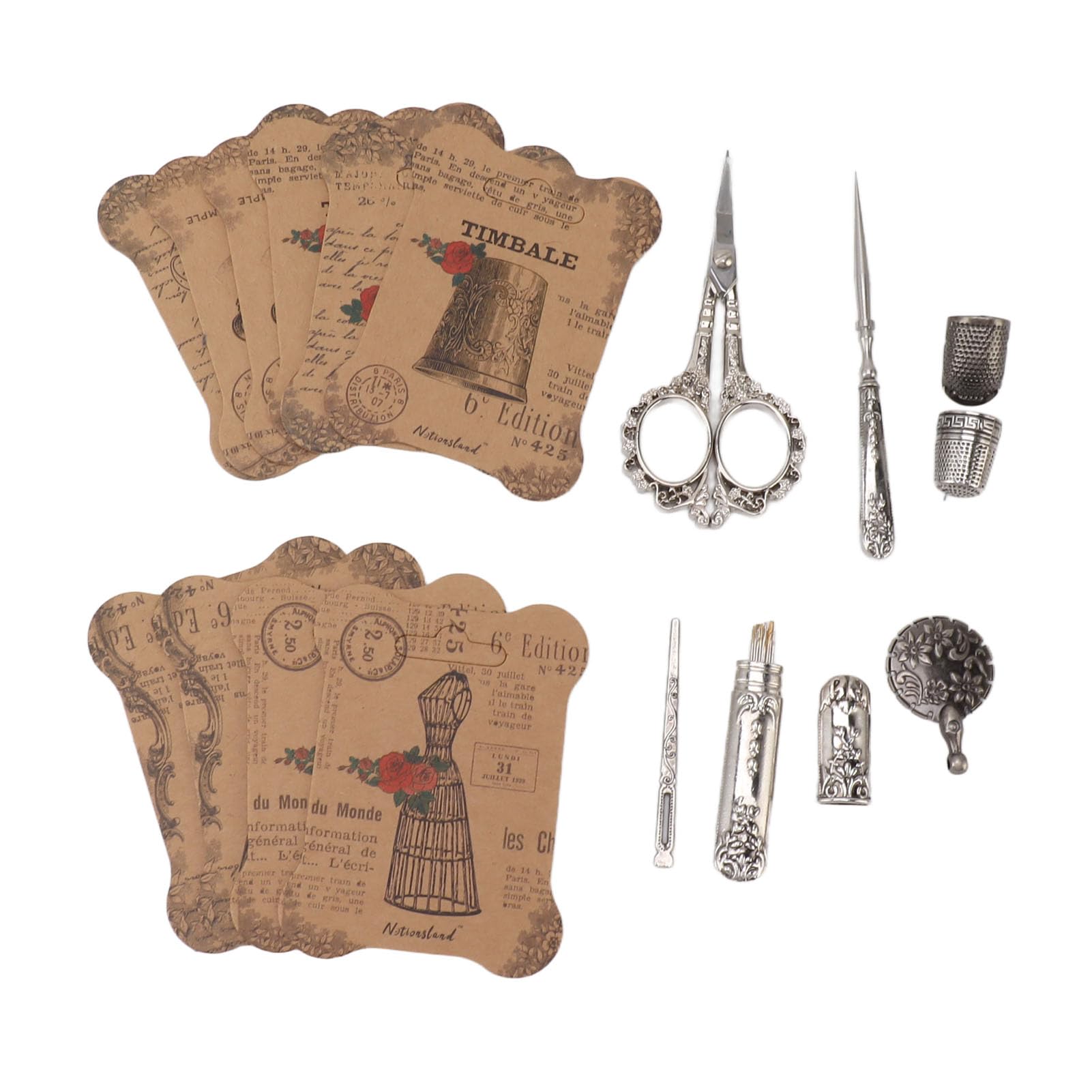 Juego de Tijeras de Bordar Vintage, Kit de Costura Antiguo de Acero Inoxidable con 7 Piezas, para Costura Artesanal (Plata)