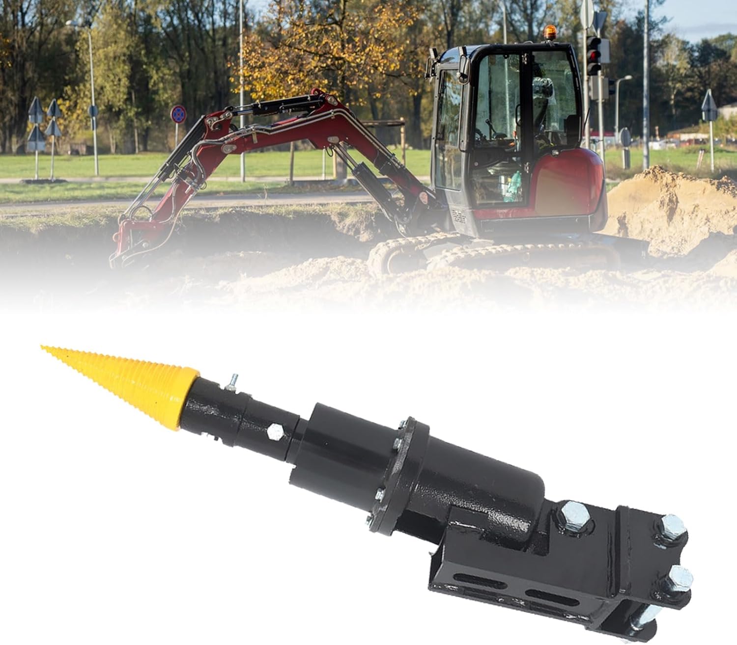 Luocute Hydraulic Log Splitter Auger Drill Attachment, High Efficiency Mini Excavator Attachment for Wood Splitting and Root Removal, with 92mm Span 25mm Bore 70cm Length