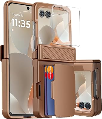 for Motorola Razr 2025 Case/Razr 2024 Case with Card Holder RFID Blocking, Built in Hinge Protection, Screen Protector, Full Body Rugged Shockproof Phone Case for Razr 2025/2024 Desert Gold
