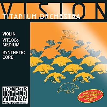 Thomastik Strings for Violin Vision Titanium ochestra synthetic core set 4/4 medium with uncoated E steel, for orchestral and