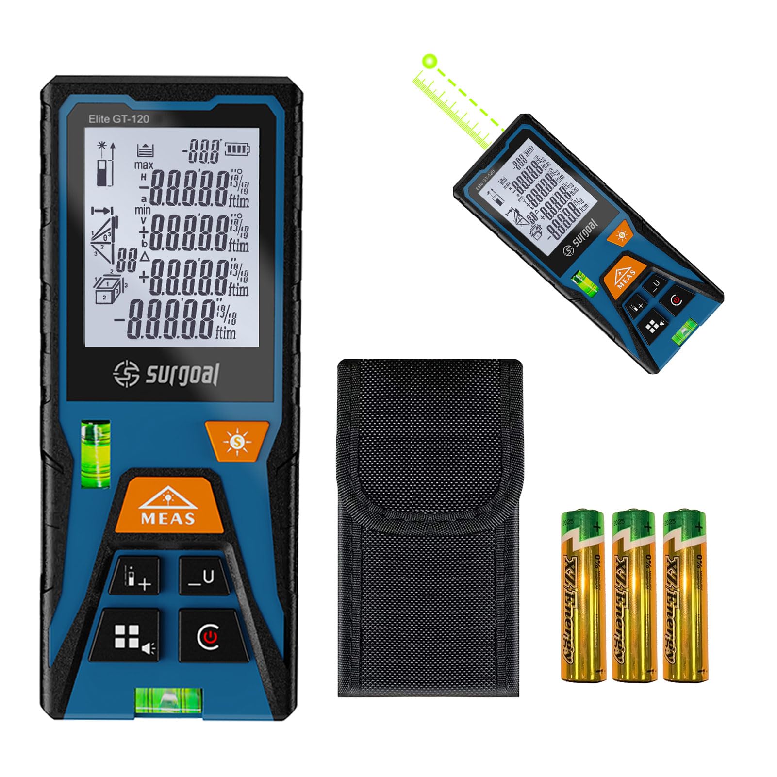 Green Laser Distance Meter 393.7ft Digital Measuring Tool with Angle Sensor Backlit LCD Area/Volume/Pythagorean ±2mm Class II Handheld Laser Measurer for Construction & DIY AAA Battery Powered