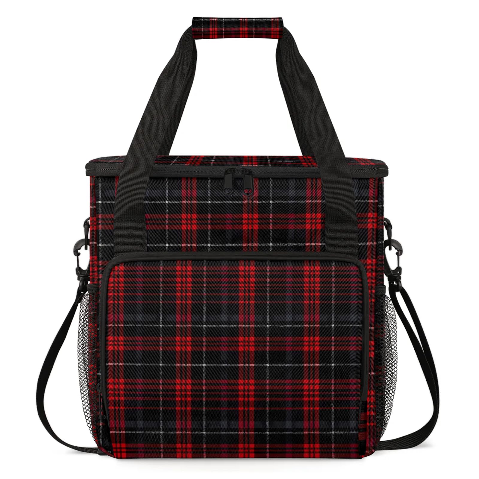 Adornori Red Black Buffalo Check Coffee Maker Carring Bag, Large Insulated Storage Organizer Case Tote Bags with Shoulder Strap for Travel Work Picnic