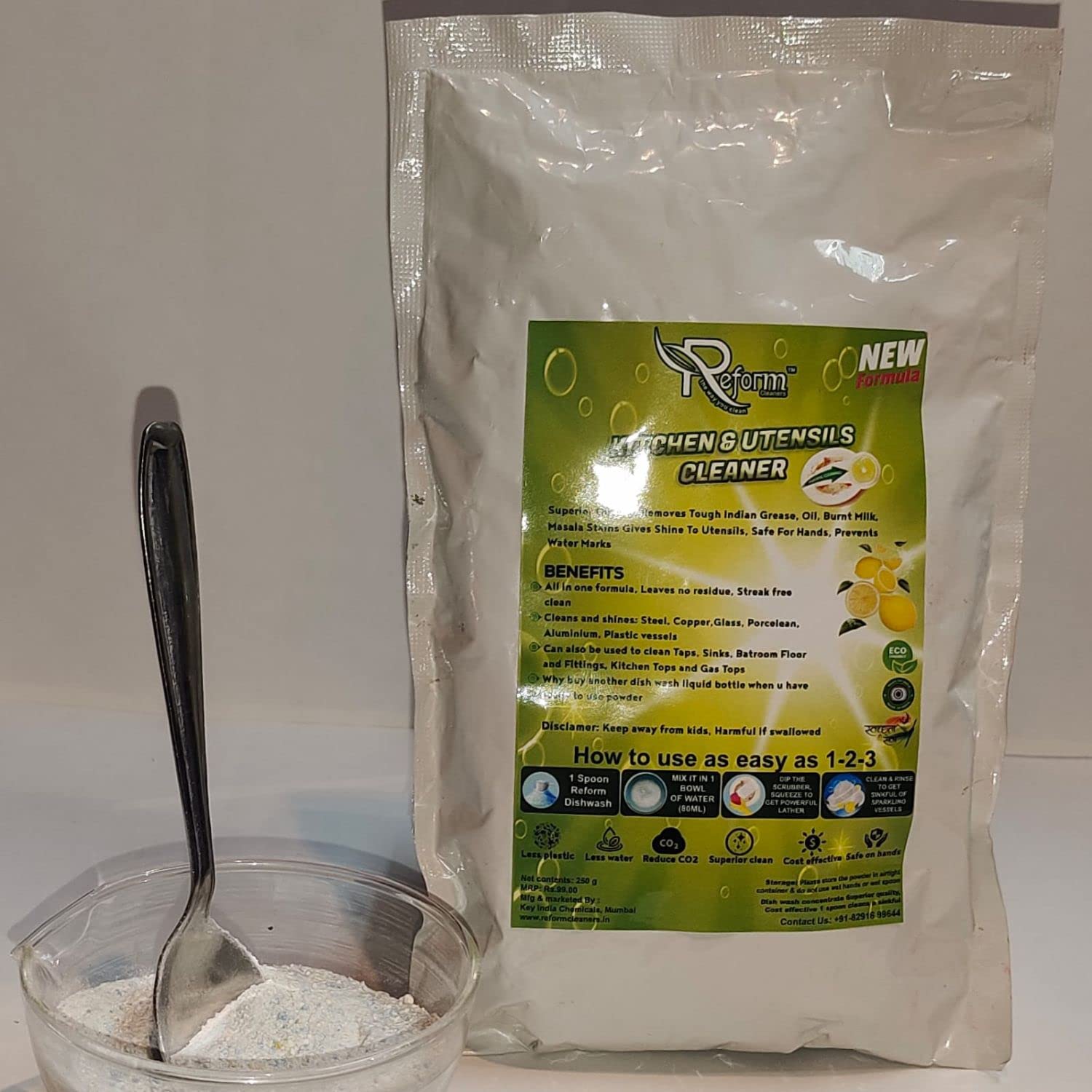 REORM KITCHEN & UTENSIL CLEANER ECOFRIENDLY DISHWASHING POWDER (PACK OF 2 POUCHES OF 250 G)1 SPOON CLEANS A SINKFUL FOR STEEL COPPER, GLASS, PORCELEAN, PLASTIC IRON VESSELS (B0C6MT2F7R) Amazon Price History, Amazon Price Tracker