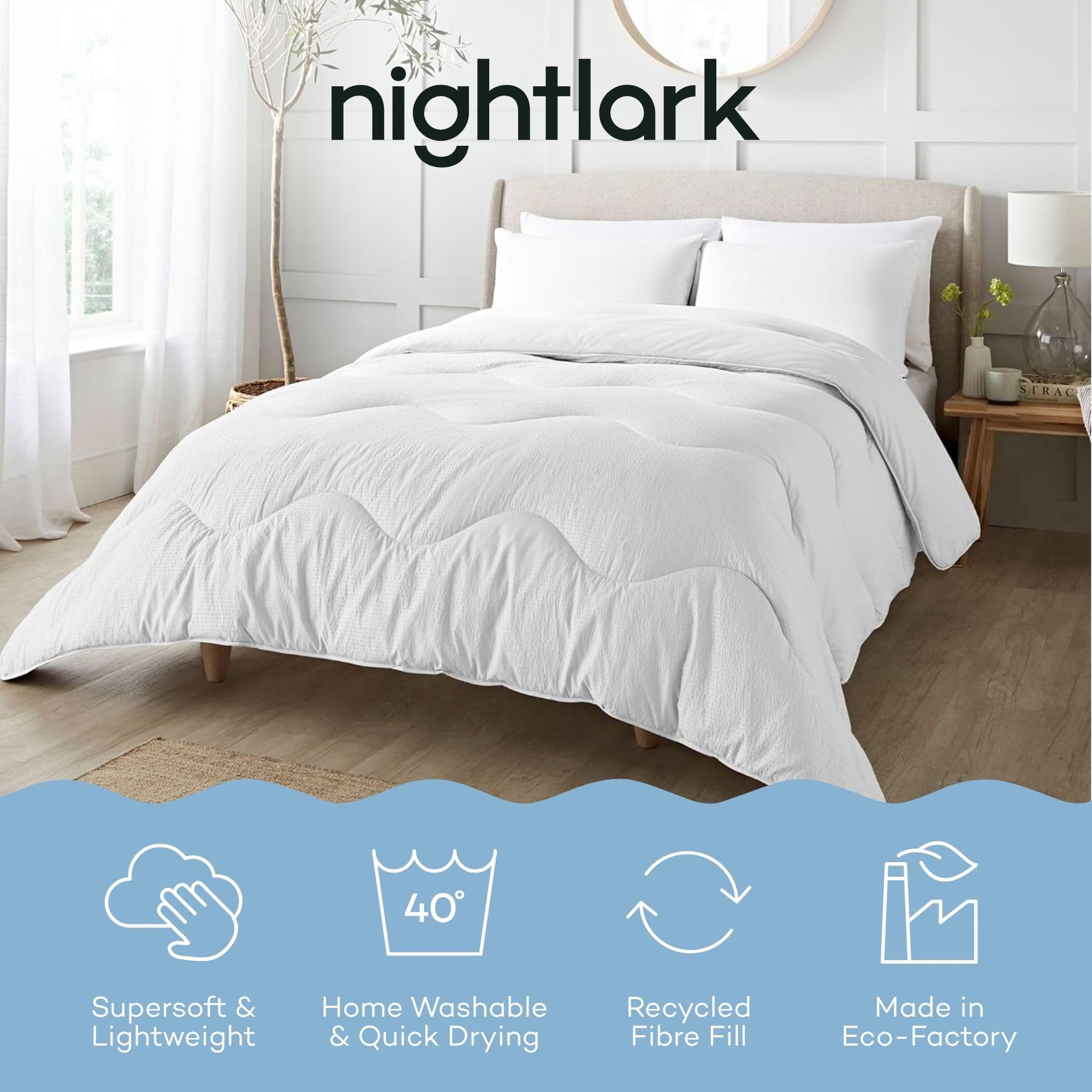 Night Lark Set copripiumino e federa senza copripiumino, collezione Seersucker - Copripiumino singolo 10,5 Tog con fibra Advanced Smartfil, lavabile in lavatrice, ipoallergenico - Bianco polare
