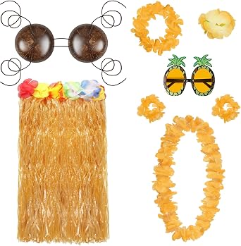 Jiuguva 8 Pcs مجموعة أزياء هاواي للمرأة ، حمالة صدر جوز الهند وتنورة العشب تنورة الكبار حولا مع النظارات الشمسية