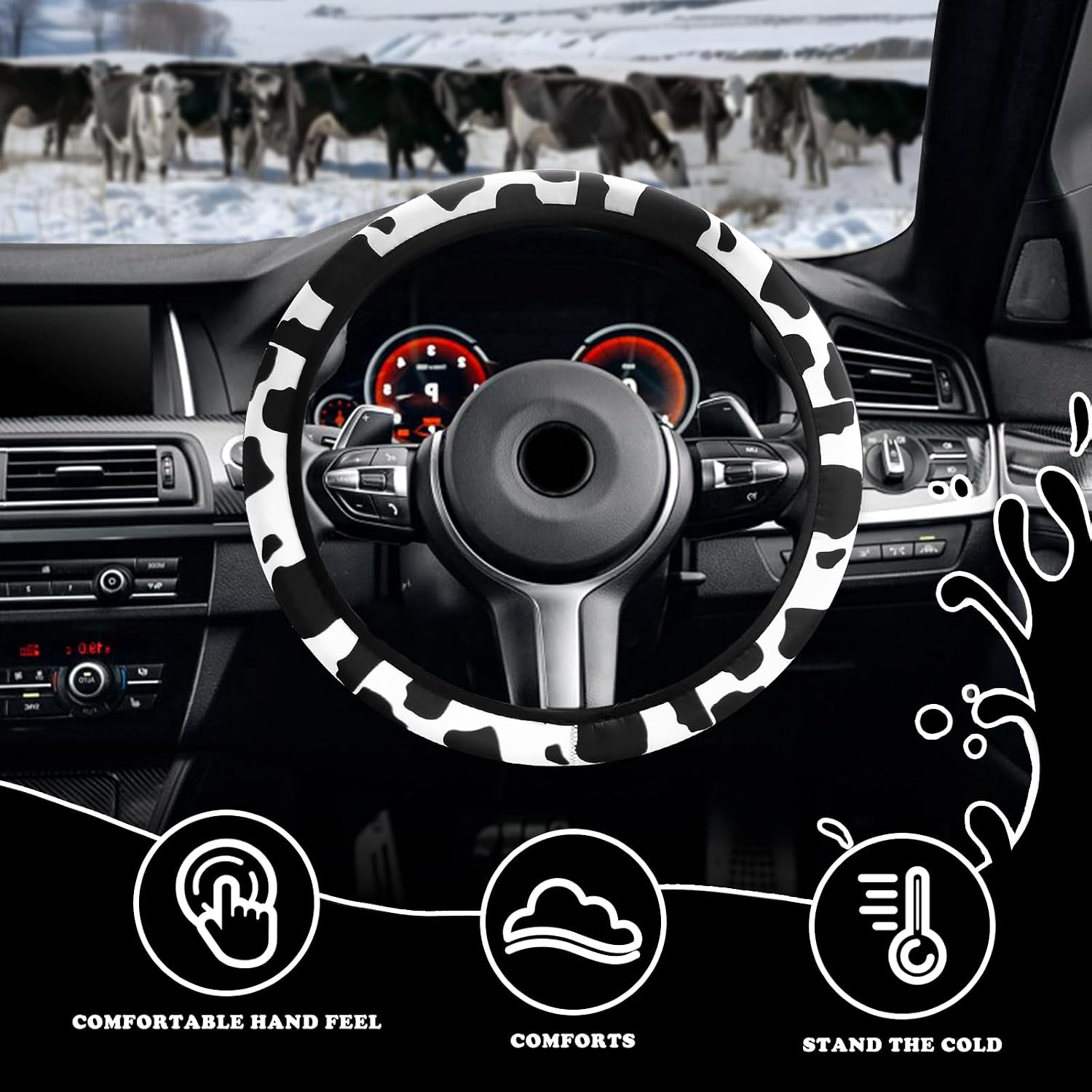 Car Cow Print Steering Wheel Cover, Automotive Cute Breathable Neoprene Cow Pattern Steering-Wheel-Cover Universal Cars Interior Accessories for Women Men (Black) image 4