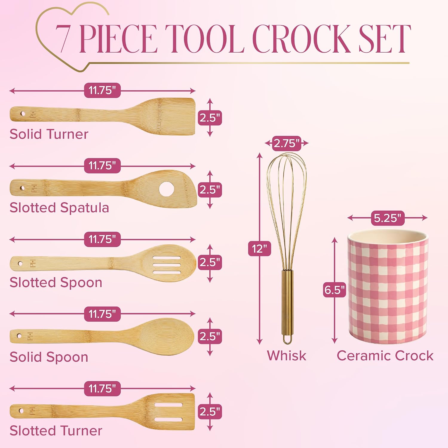 Paris Hilton Kitchen Utensils Tool Crock Set, Bamboo Cooking Tools with Gold-Finish Stainless Steel Whisk and Ceramic Stoneware Utensil Holder, Gingham Design, 7-Piece, Pink