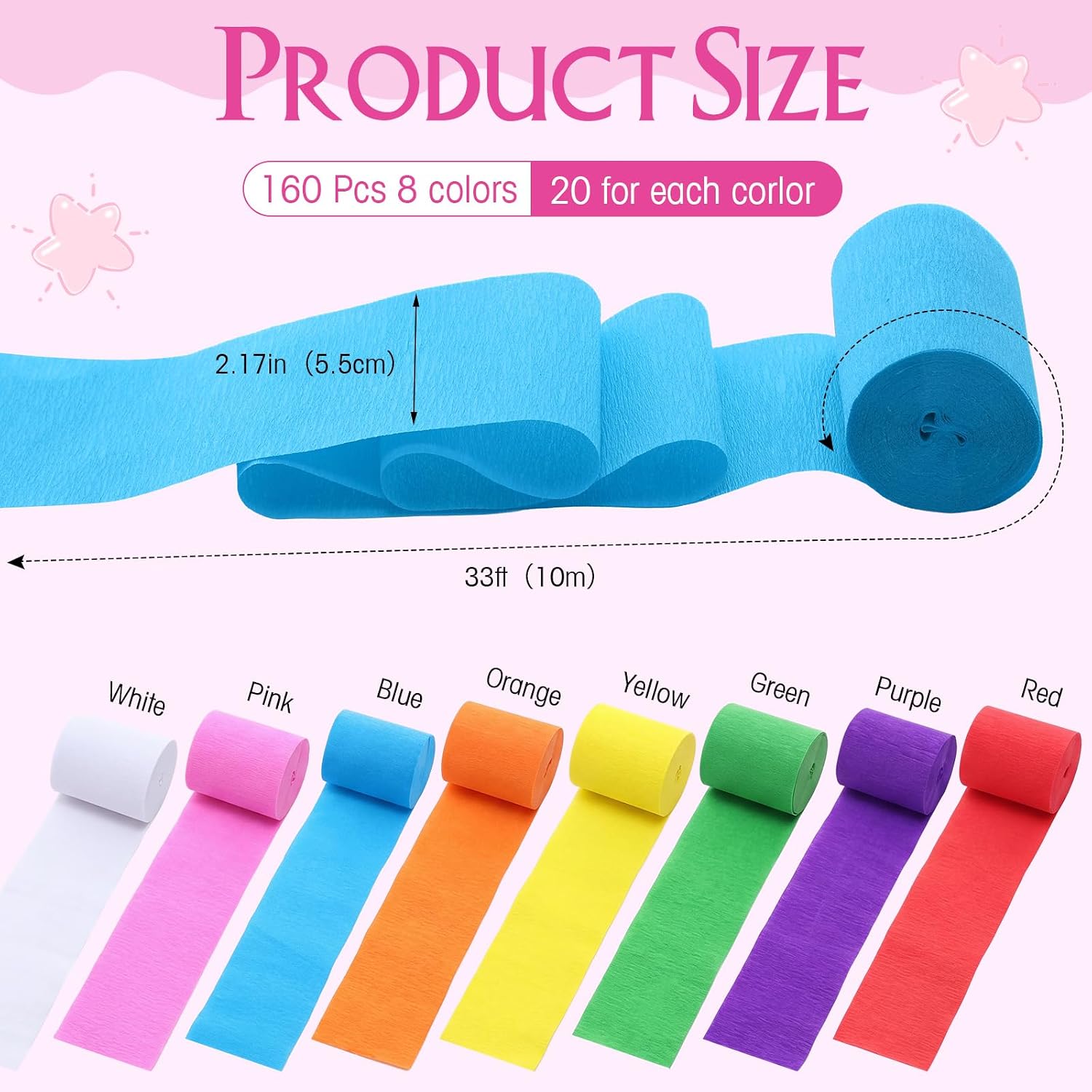 YooNotee 160 Rolls Crepe Paper Streamers Rainbow Streamers 8 Colors Party Decoration for Birthday Party Wedding Ceremony Baby Shower DIY Crafts