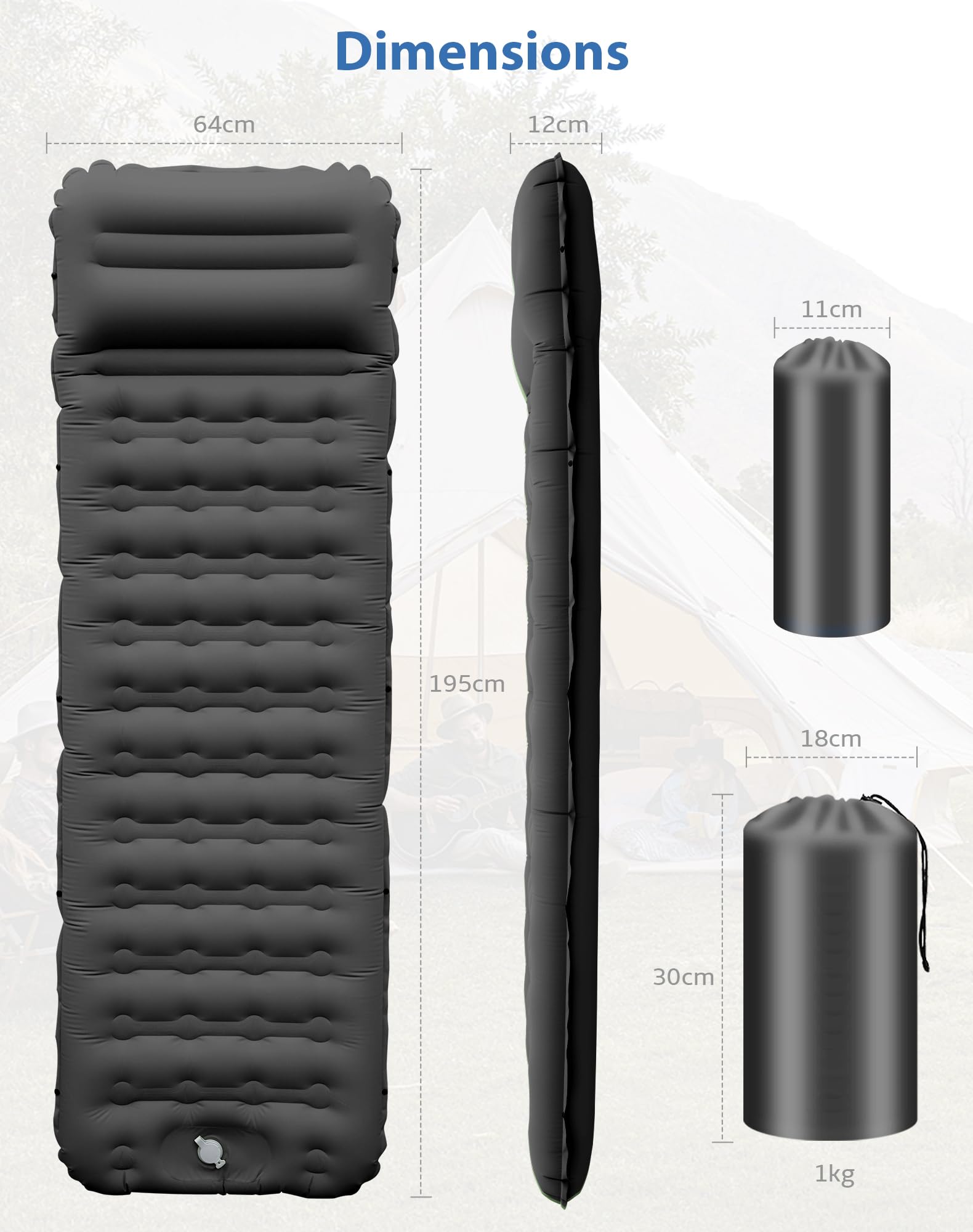Matelas Camping Gonflable 12 cm Résistant à l'eau Ultra Léger avec Pompe à Pied et Oreiller Intégré Noir