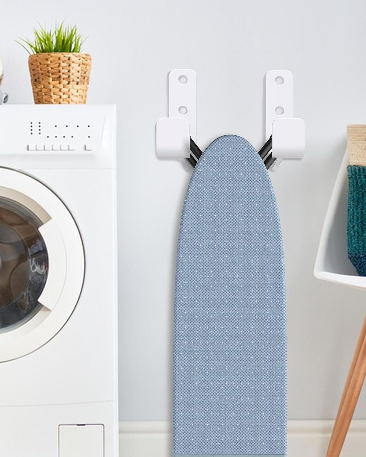 Ironing Board Holder Wall Mount White, Stainless Steel Ironing Board Hanger for Laundry Room, Adjustable Distance Iron Board Holder Hook Wall Mount