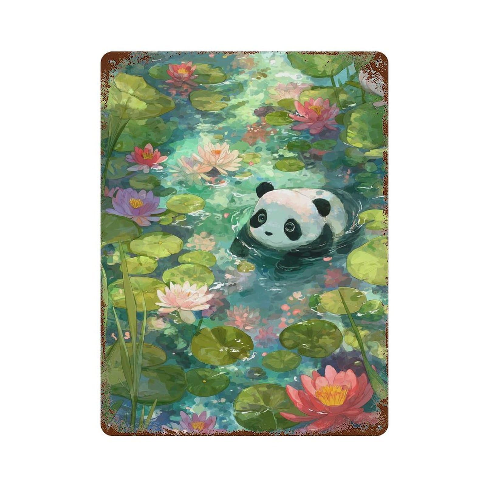 Distressed Metal Wall Sign with Panda in Lily Pond Design 15.7"x11.8", for Cafe, Home Bar And Lounge Decor, Retro Wall Decor