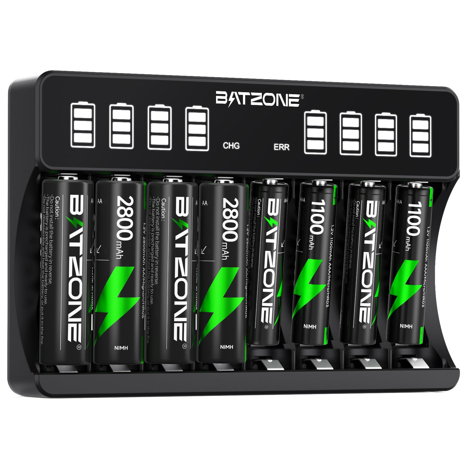 BAZTONE 8 Bays Battery Charger with 4 x AA and 4 x AAA Batteries, Intelligent LCD Screen Battery Charger, for NI-MH/NI-CD Batteries, Individually Black Charger for AA AAA Rechargeable Batteries