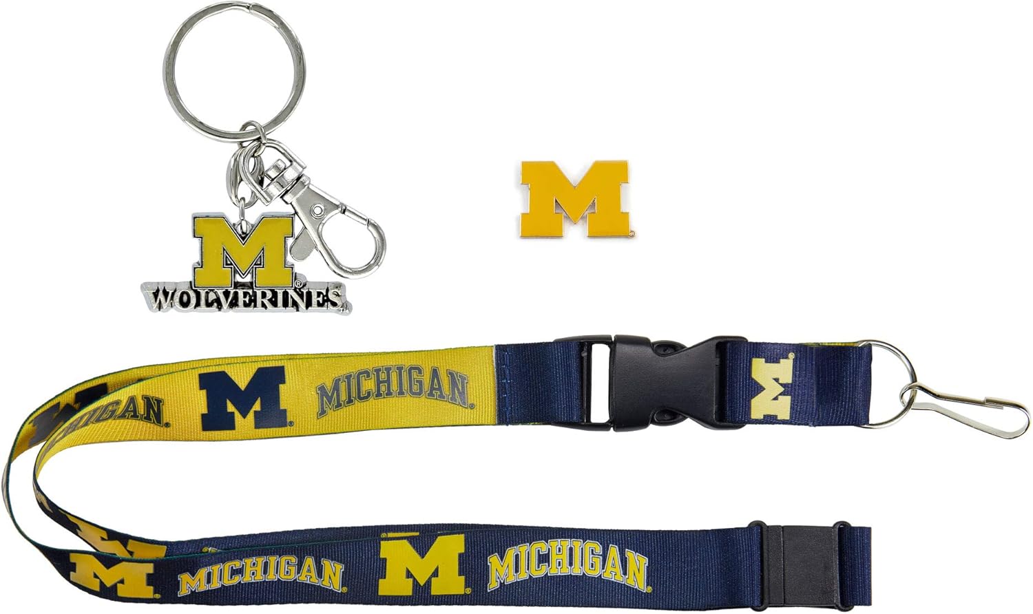 aminco NCAA Michigan Wolverines Team Reversable Lanyard, Logo Lapel Pin, and Metal Keychain Gift Bundle