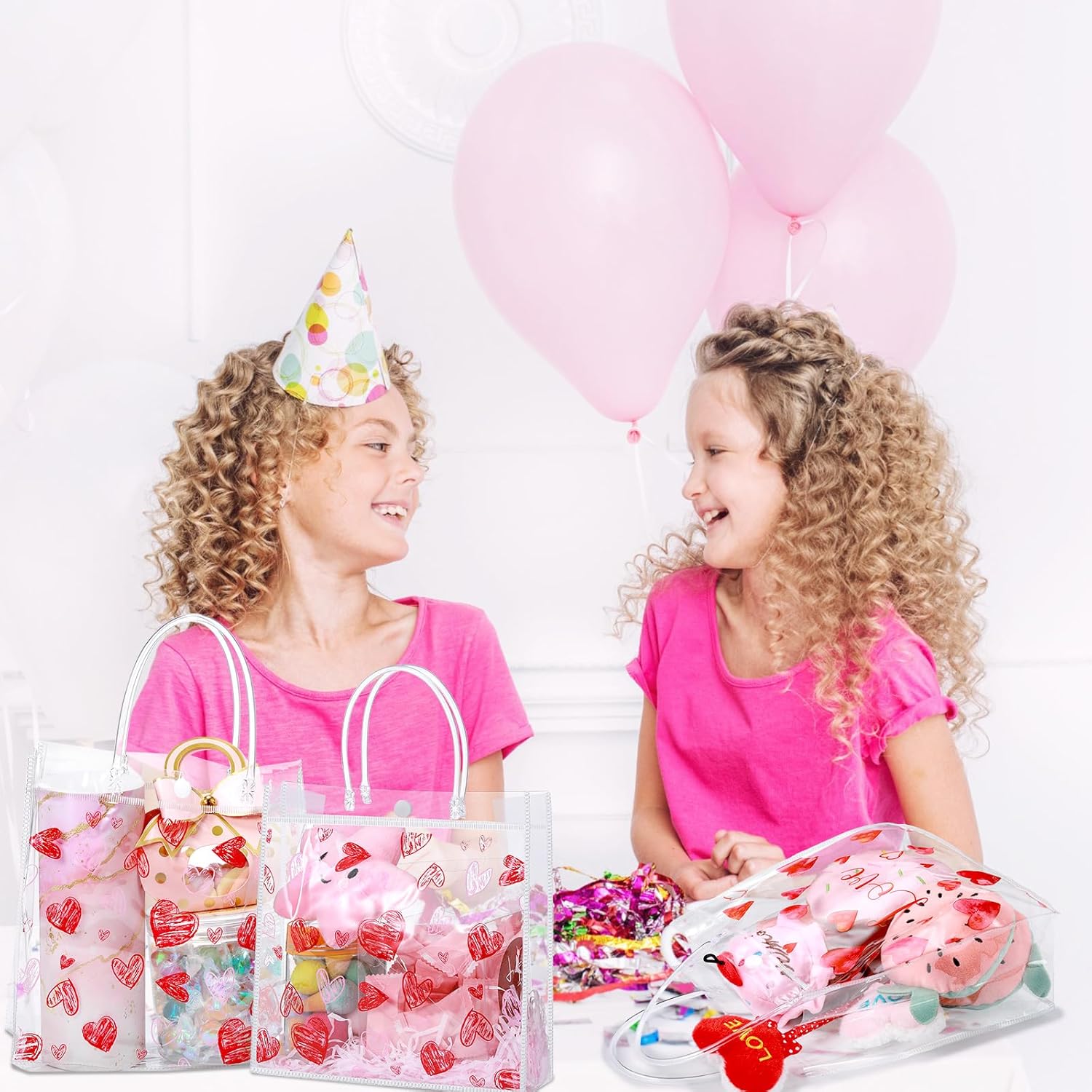 Hosuly 24 Pcs Valentines Clear Gift Bags Reusable Heart PVC Tote Bags with Handles Plastic Valentines Day Candy Treat Goodie Handbags for Wedding Birthday Party Favors Supplies, 7.8 x 7.8 x 3.1 Inch - Image 5